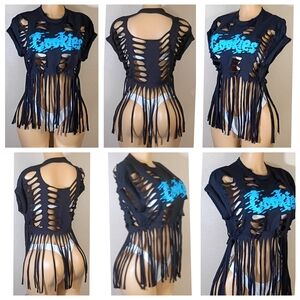 Trendy Black Fringe Cutout Tee